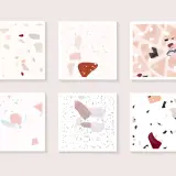 Sześć grafik w stylu lastryko z różnymi wzorami i kolorami. Inspiracja, czym uzupełnić ubytki w lastryko.