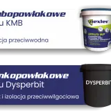 Cienkopowłokowe typu Dysperbit: grunt i izolacja przeciwwilgociowa. Obok wiaderko z grubopowłokową hydroizolacją typu KMB.