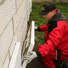 Budowlaniec w czerwonym stroju montuje płyty styropianu o odpowiedniej grubości do ściany z bloczków.