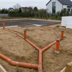 Pomarańczowe rury kanalizacyjne ułożone w wykopie pod fundament pod dom. W tle zbrojenie i styropian.