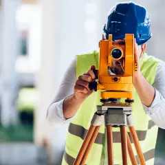 Geodeta w kasku i kamizelce odblaskowej pracuje z niwelatorem. Zastanawiasz się, ile kosztuje geodeta?