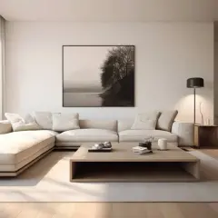 Minimalistyczny salon z dużą, beżową kanapą i drewnianym stolikiem. Obraz na ścianie przedstawia klif i drzewa, wszystko w subtelnych odcieniach bieli.