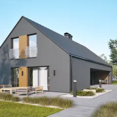 Nowoczesny dom z szarą elewacją, drewnianymi akcentami i tarasem. Koszt elewacji domu 140m2 może być różny, ale efekt jest wart inwestycji.