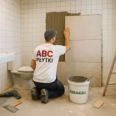 Fachowiec z koszulką "ABC PŁYTKI" układa nowe płytki na ścianie, pokazując, czy można kłaść płytki na płytki.