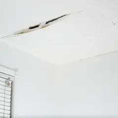 Widoczne pęknięcia na białym suficie, świadczące o problemach z konstrukcją lub wilgocią. Obok okno z białymi żaluzjami.
