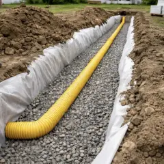 Układanie żółtej rury drenarskiej w wykopie wokół domu. Drenaż wokół domu kosztuje, ale chroni fundamenty.