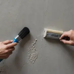 Dwie dłonie z pędzlami przygotowują ścianę. Jedna aplikuje grunt czy farba gruntująca na gładź, druga usuwa fragmenty starej masy.