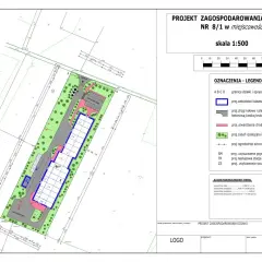 Plan zagospodarowania działki z zaznaczoną powierzchnią zabudowy, definicja i legendą.