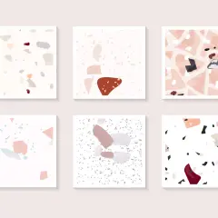 Sześć grafik w stylu lastryko z różnymi wzorami i kolorami. Inspiracja, czym uzupełnić ubytki w lastryko.