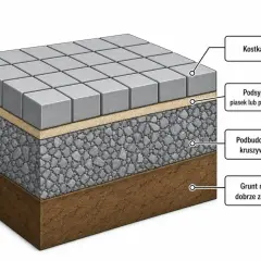 Schemat układania kostki brukowej: warstwy podbudowy, podsypki i kostki.