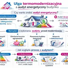 Dowiedz się, ile kosztuje audyt energetyczny i jakie korzyści przynosi termomodernizacja. Schemat pokazuje proces i ulgi podatkowe.