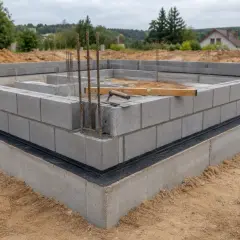 Fundament z bloczków betonowych krok po kroku. Widać zbrojenie, poziomice i kielnię.