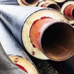 Izolowane rury CO z przekrojem pokazującym izolację i wewnętrzną rurę.