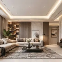 Nowoczesny salon z wygodną kanapą, marmurowym stolikiem i podwieszanym sufitem, który dodaje elegancji.