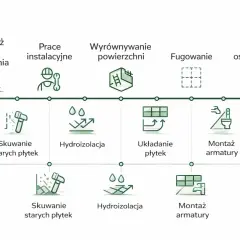 Schemat postępu prac przy remoncie domu: demontaż, instalacje, wyrównanie, fugowanie, montaż oświetlenia, skuwanie płytek, hydroizolacja, układanie płytek, montaż armatury.
