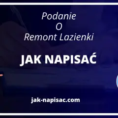 Ilustracja przedstawia schematyczną postać w garniturze wskazującą na tekst "Jak napisać podanie o remont łazienki".