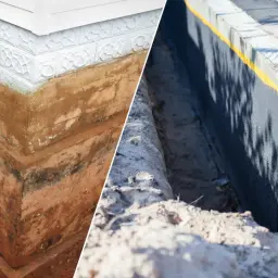 Porównanie starych, odsłoniętych ścian fundamentowych z nową, zaizolowaną konstrukcją.