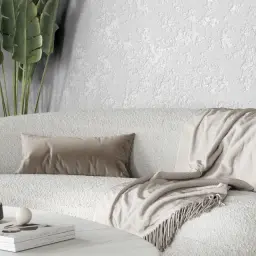 Nowoczesne wnętrze z sofą i roślinami. Ściana pokryta efektownymi tynkami diamentowymi dodaje elegancji.