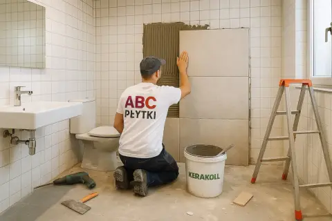Fachowiec z koszulką "ABC PŁYTKI" układa nowe płytki na ścianie, pokazując, czy można kłaść płytki na płytki.