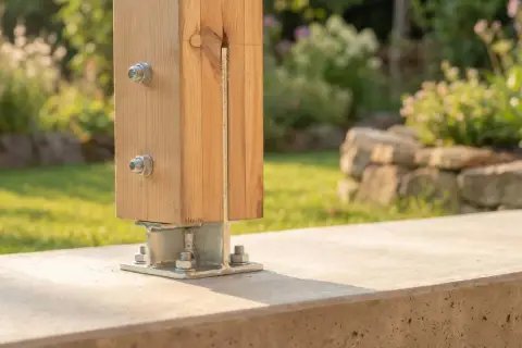Solidny fundament pod słup drewniany, mocowany do betonowej podstawy za pomocą metalowych elementów.
