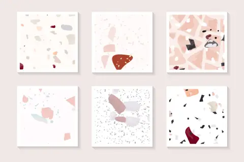 Sześć grafik w stylu lastryko z różnymi wzorami i kolorami. Inspiracja, czym uzupełnić ubytki w lastryko.