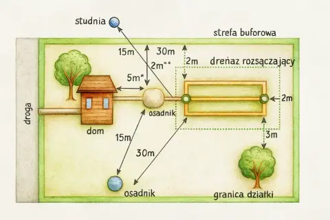 Schemat przydomowej oczyszczalni ścieków z zaznaczonymi odległościami: dom, studnia, osadnik, drenaż rozsączający i granica działki.
