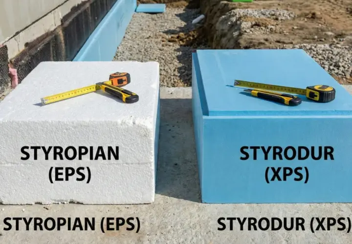 Biały styropian (EPS) i niebieski styrodur (XPS) – dwa materiały izolacyjne. Zastanawiasz się, styrodur co to jest? To płyta XPS, twardsza i gęstsza od styropianu.