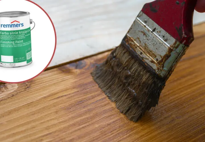 Malowanie drewna na zewnątrz? Puszka farby Remmers Finishing Paint i pędzel gotowe do pracy.