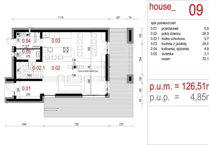 Rzut parteru domu "house_09" z widoczną szerokością elewacji frontowej, wymiarami i spisem pomieszczeń.