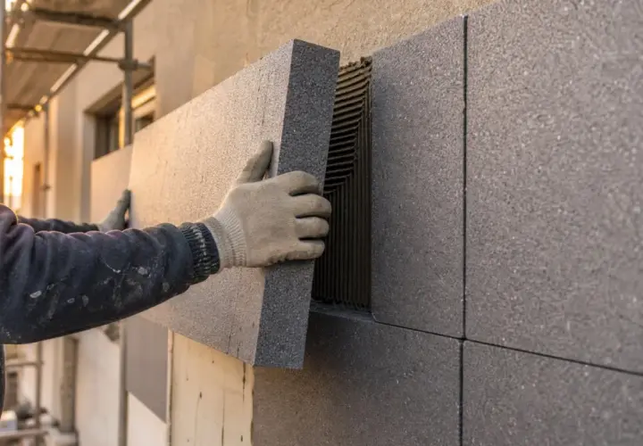 Ręce w rękawicach montują płyty z grafitowego styropianu na elewacji. To dobry wybór, jaki styropian na elewację wybrać, by zapewnić izolację.