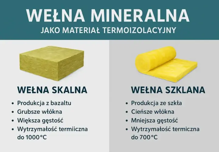 Wełna mineralna: skalna (blok) i szklana (rolka) jako materiały termoizolacyjne.