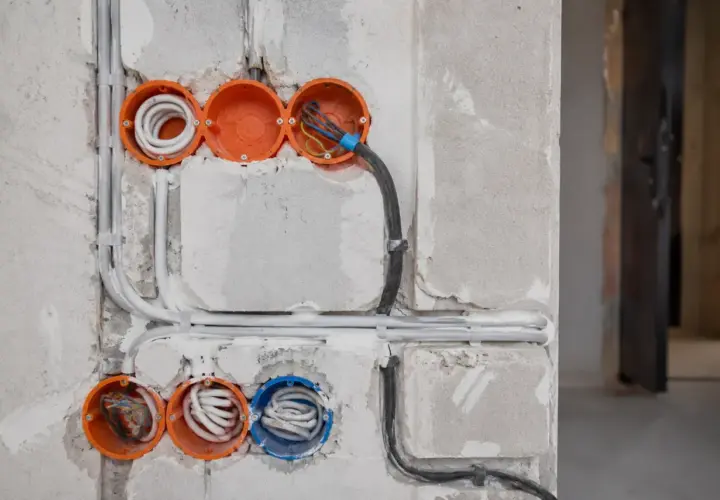 Osadzanie puszek elektrycznych w ścianie z betonu komórkowego. Widoczne przewody i instalacja elektryczna w trakcie prac.