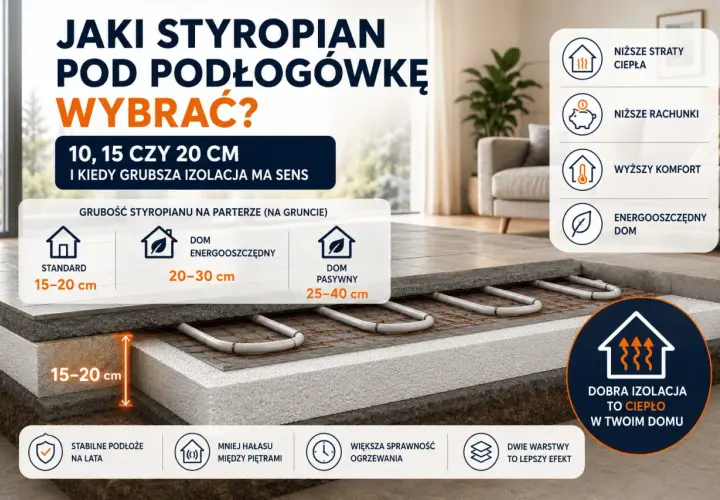Grubość styropianu pod podłogówkę: od 15 cm dla standardu, 20-30 cm dla energooszczędnych domów, 25-40 cm dla domów pasywnych. Dobra izolacja to ciepło.