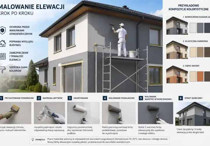 Malowanie elewacji krok po kroku: przygotowanie, gruntowanie, malowanie podkładowe i wykończeniowe. Efekt końcowy to piękny, trwały dom.