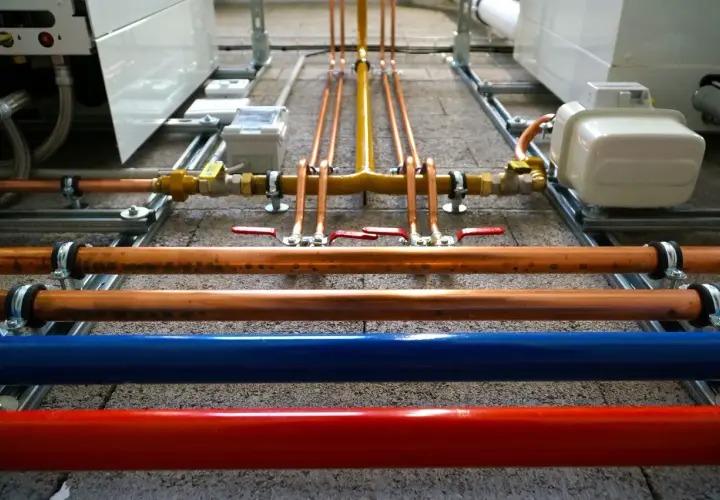 Instalacja hydrauliczna z miedzianymi rurami, zaworami i niebieską/czerwoną rurą. Ocieplenie rury wodnej jest kluczowe dla efektywności systemu.