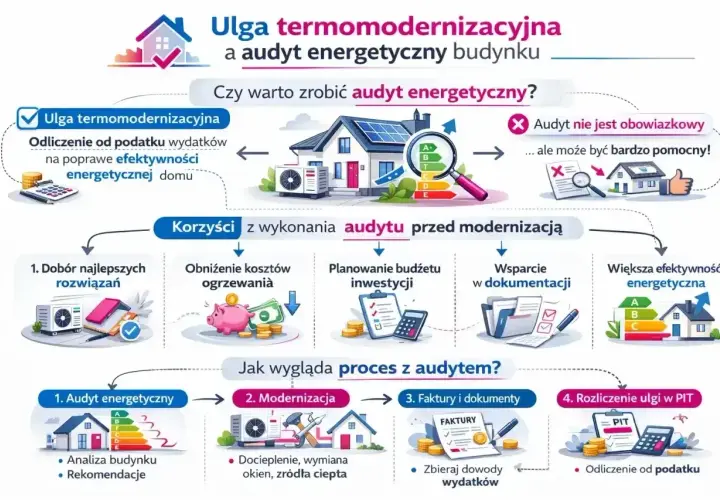 Dowiedz się, ile kosztuje audyt energetyczny i jakie korzyści przynosi termomodernizacja. Schemat pokazuje proces i ulgi podatkowe.