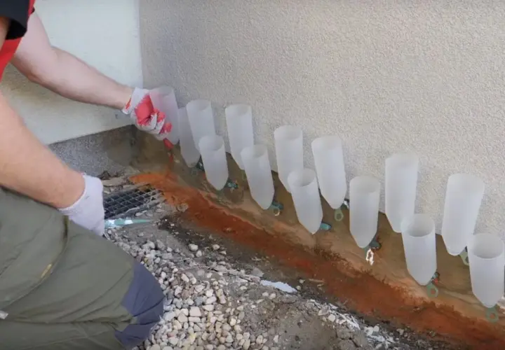 Pracownik w rękawiczkach montuje system do osuszania murów, umieszczając plastikowe rurki wzdłuż ściany.