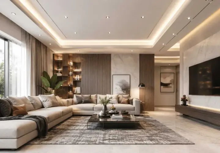 Nowoczesny salon z wygodną kanapą, marmurowym stolikiem i podwieszanym sufitem, który dodaje elegancji.
