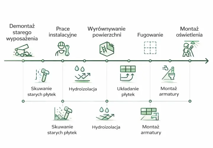 Schemat postępu prac przy remoncie domu: demontaż, instalacje, wyrównanie, fugowanie, montaż oświetlenia, skuwanie płytek, hydroizolacja, układanie płytek, montaż armatury.