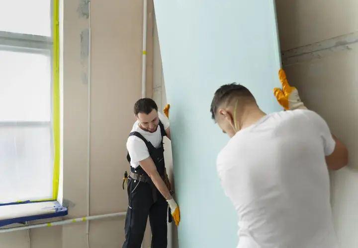 Dwóch budowlańców montuje płytę gipsowo-kartonową. Prace przy zakończeniu płyty gk idą sprawnie.