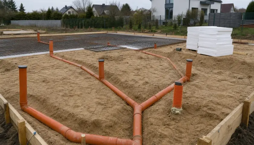 Pomarańczowe rury kanalizacyjne ułożone w wykopie pod fundament pod dom. W tle zbrojenie i styropian.