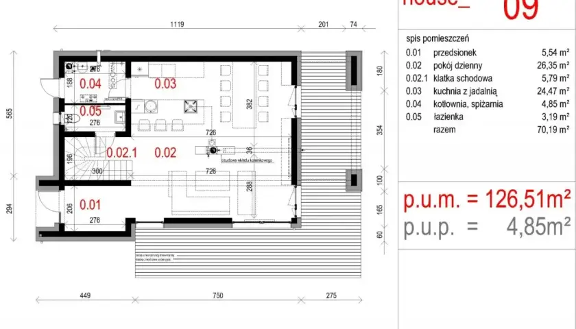 Rzut parteru domu "house_09" z widoczną szerokością elewacji frontowej, wymiarami i spisem pomieszczeń.