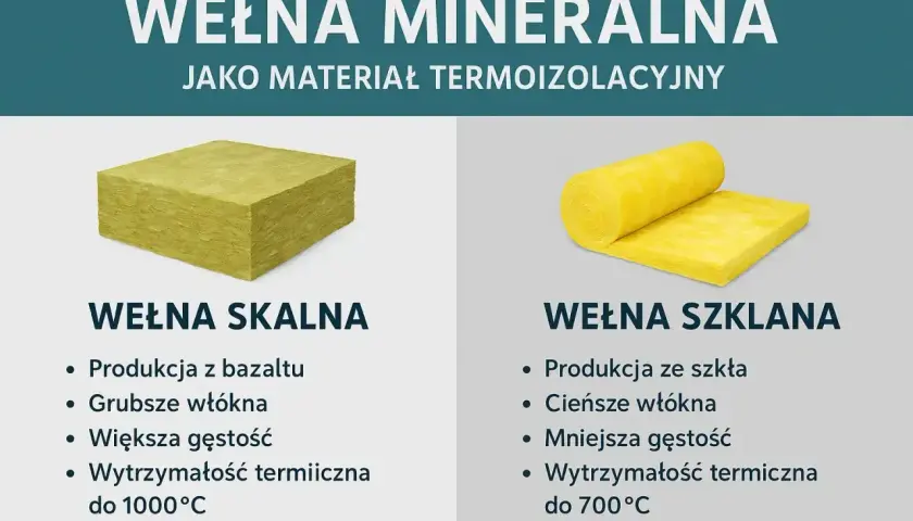 Wełna mineralna: skalna (blok) i szklana (rolka) jako materiały termoizolacyjne.