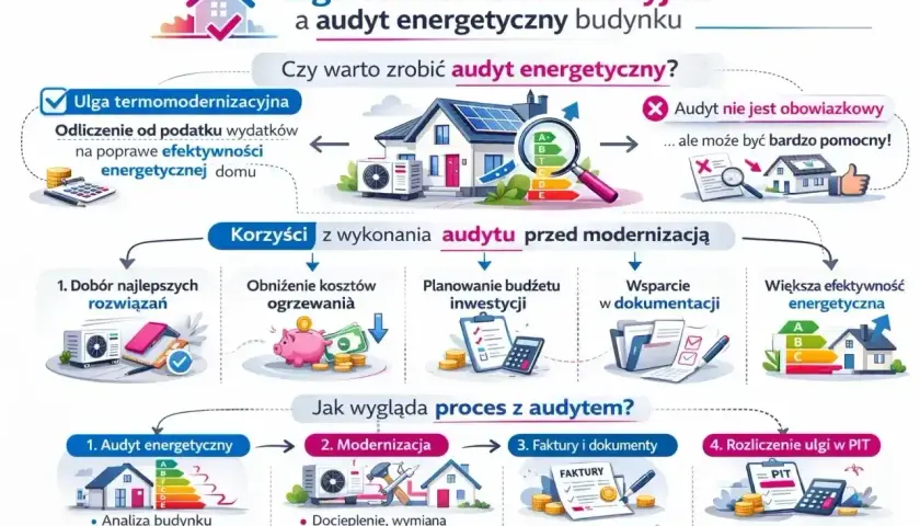 Dowiedz się, ile kosztuje audyt energetyczny i jakie korzyści przynosi termomodernizacja. Schemat pokazuje proces i ulgi podatkowe.