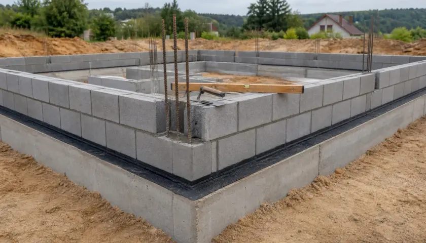 Fundament z bloczków betonowych krok po kroku. Widać zbrojenie, poziomice i kielnię.