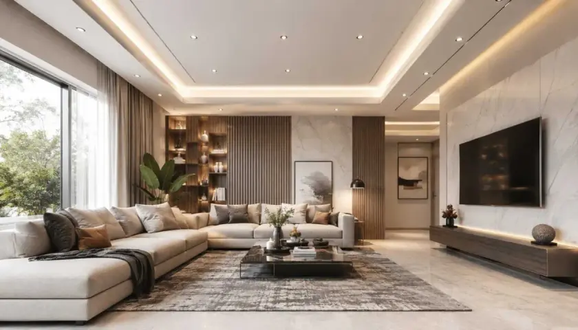 Nowoczesny salon z wygodną kanapą, marmurowym stolikiem i podwieszanym sufitem, który dodaje elegancji.