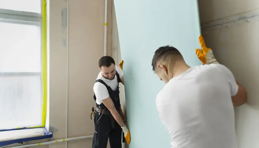 Dwóch budowlańców montuje płytę gipsowo-kartonową. Prace przy zakończeniu płyty gk idą sprawnie.