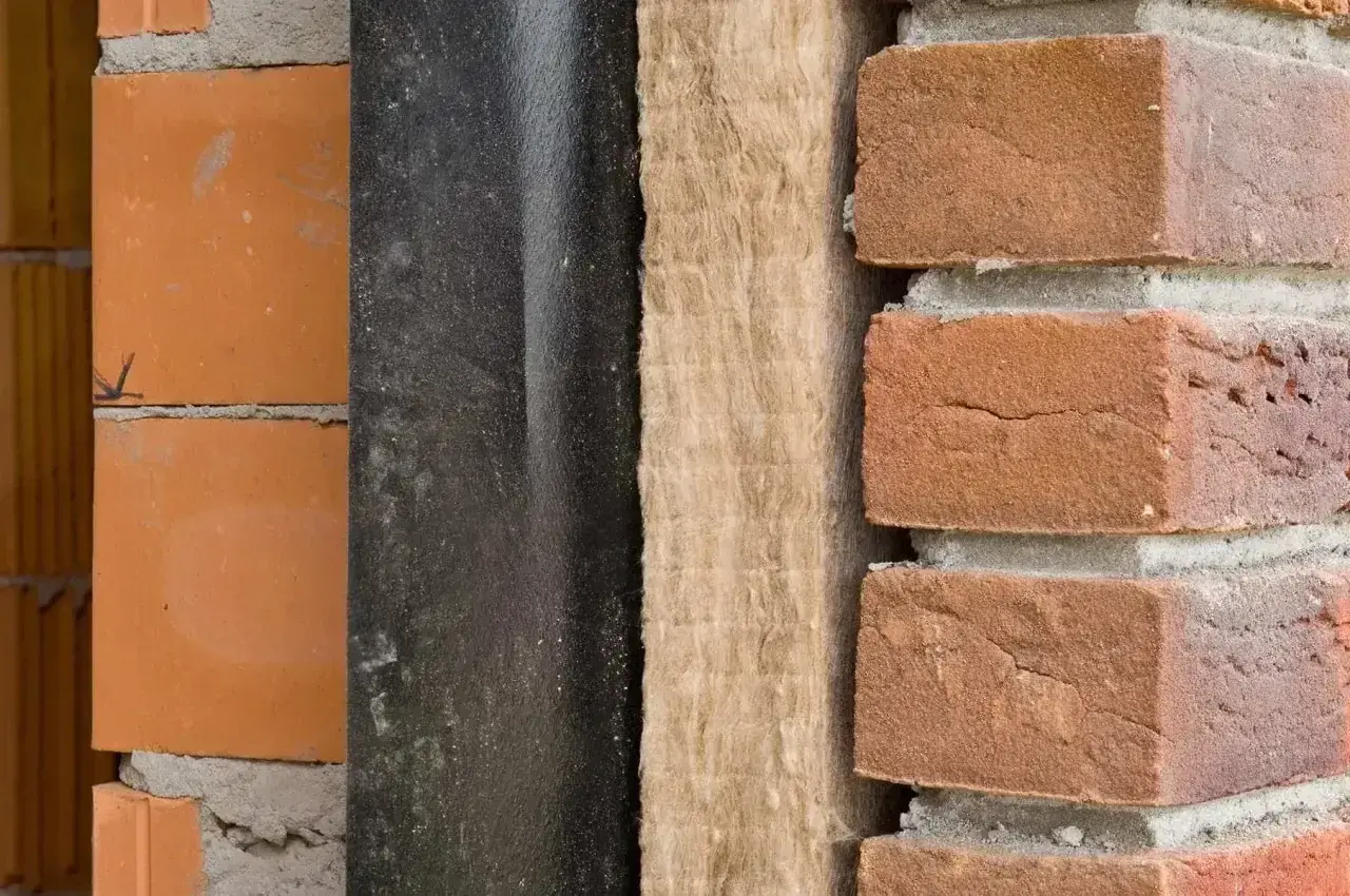 Warstwa izolacji z wełny mineralnej, która wpływa na niski współczynnik lambda, między czarną membraną a cegłą.