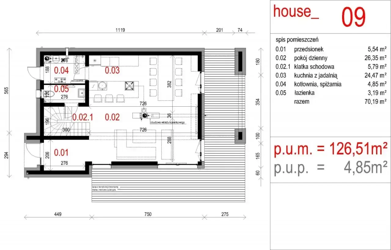 Rzut parteru domu "house_09" z widoczną szerokością elewacji frontowej, wymiarami i spisem pomieszczeń.