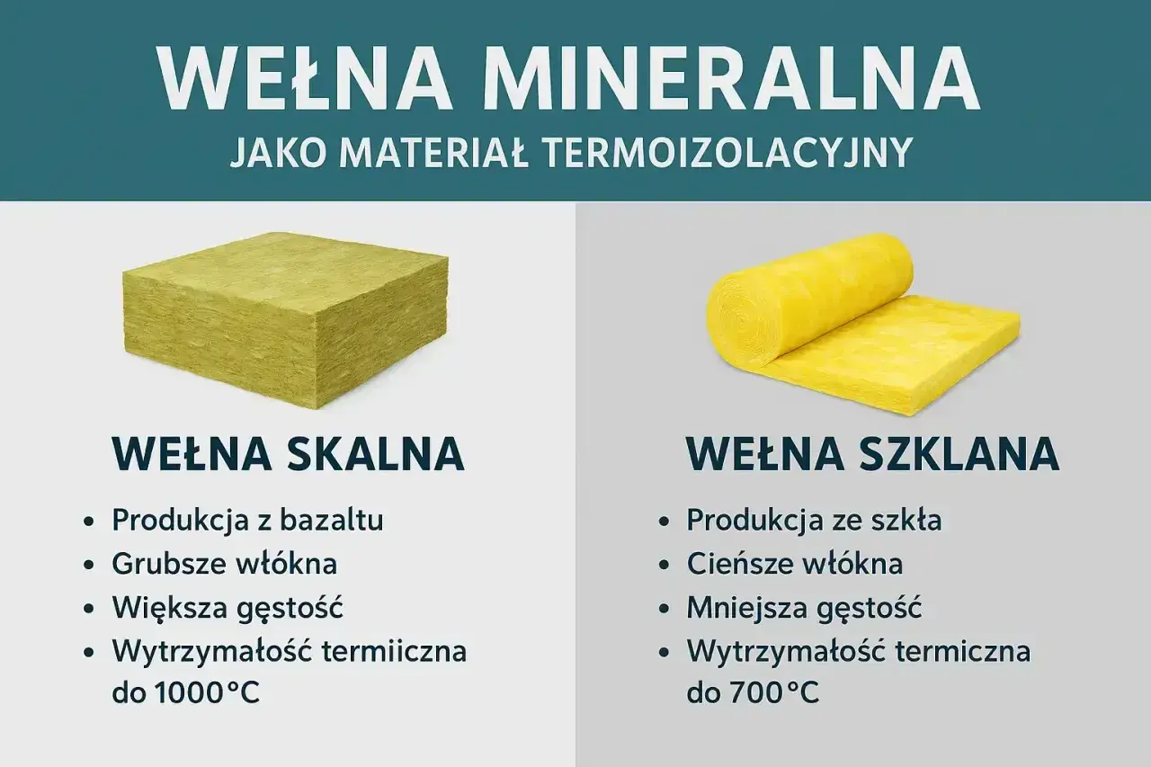 Wełna mineralna: skalna (blok) i szklana (rolka) jako materiały termoizolacyjne.
